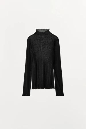 Svart långärmad topp - Säljer en svart transparent mesh topp med lång ärm. Toppen har en tight passform och ribbad struktur. Litet hål i armen men inget som syns.