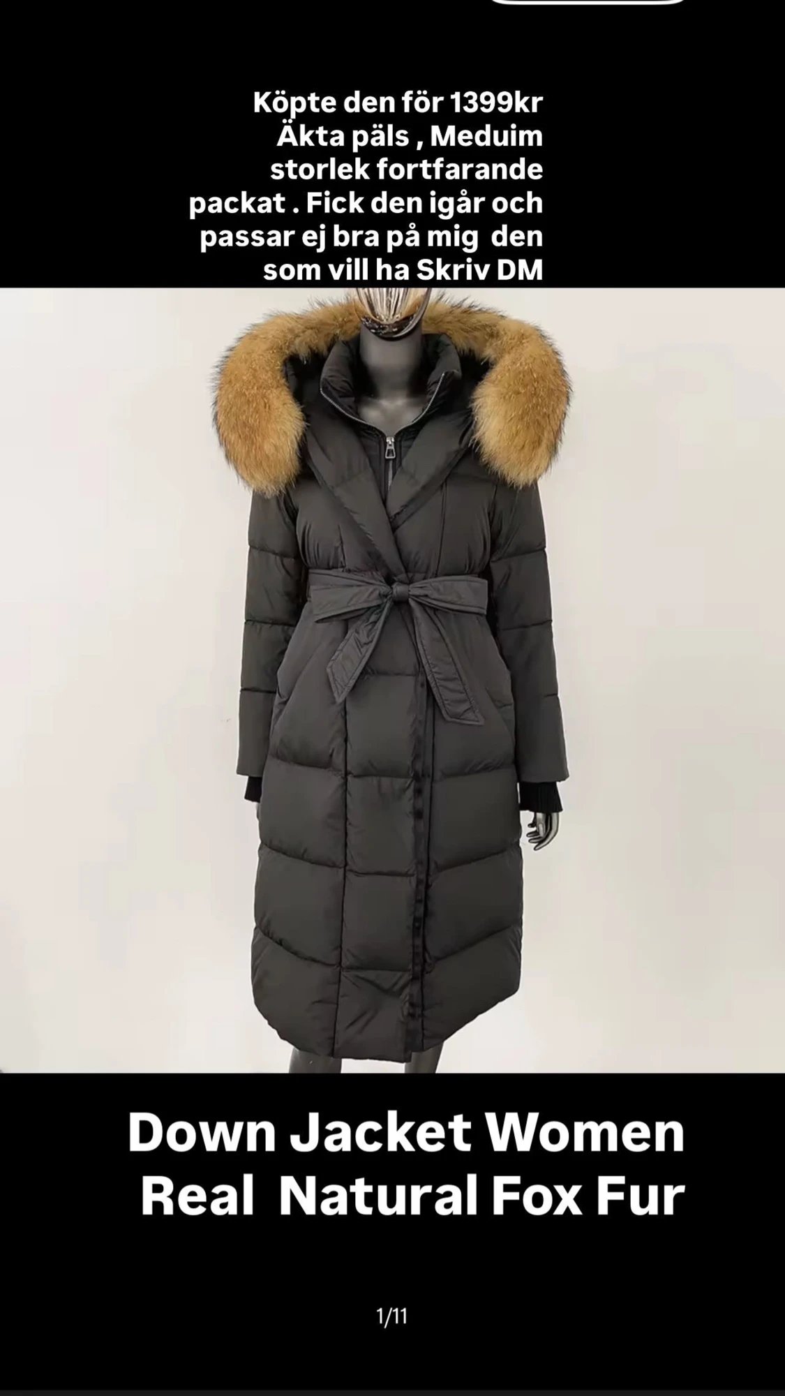 Svart lång dunjacka med äkta päls
