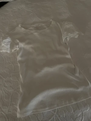 Vit ribbad topp med spetsärmar - Säljer en vit ribbad topp med korta ärmar i broderad spets. Toppen har rund hals och är figurnära i modellen. 