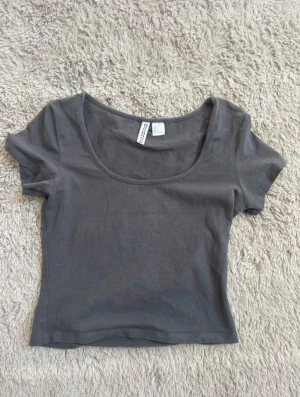 Grå croppad topp  - En enkel och stilren grå croppad topp med rundad, djup urringning och korta ärmar. Perfekt att matcha med jeans eller kjol för en clean look. Tillverkad i mjuk bomull som känns skön mot huden.