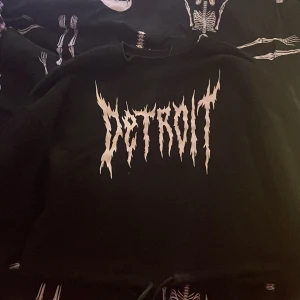 Svart croppad hoodie Detroit Divided - Svart croppad hoodie från H&M Divided med coolt vitt Detroit-tryck i edgy stil på bröstet. Tröjan har snörning nertill och är perfekt för dig som gillar streetwear och vill sticka ut. Mjuk bomullskänsla och långärmad modell.