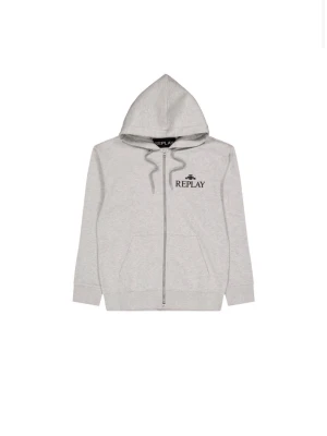 Ljusgrå hoodie från Replay - Snygg ljusgrå hoodie från Replay med dragkedja framtill och svart logga på bröstet. Tröjan har huva med dragsko och två stora fickor framtill. Tillverkad i mjukt material som är skönt bära. Tröjan är använd 3 gånger så skicket är som nytt.