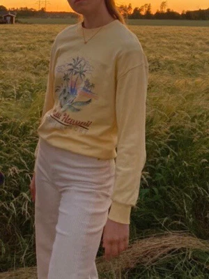 Gul sweatshirt med Hawaii-tryck - Ljusgul sweatshirt med färgglatt tropiskt tryck i retro stil. Tröjan har rund halsringning och mudd vid ärmslutet. Mycket fräsht skick! Säljs bara för att den är för liten för mig. Rekommenderas för någon med storlek xs för en lös passform. 