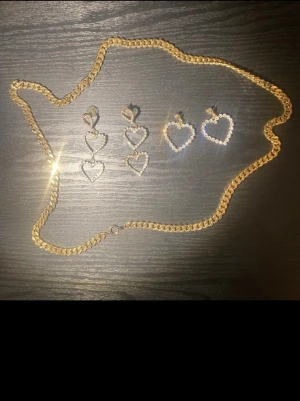 Hjärtörhängen och en guldfärgad kedja  - Kedjan är inte riktigt guld utan bara guld i färgen❤️ jag kommer tyvärr inte ihåg vart jag köpte örhängerna❤️