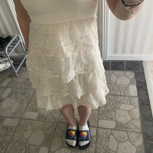 Vit spetsklänning från Zoul Edition - Söt axelbandslös vit klänning från Zoul Edition i storlek 32. Klänningen har vacker spets med blommigt mönster, volangdetaljer och dragkedja i ryggen. Säljer den pågrund av att den är för tajt och den är för lite för liten vid brösten//hör gärna av dig om du har frågor eller vill ha mer bilder