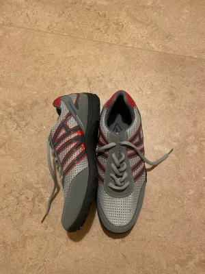 Grå och röda sneakers med snörning - Snygga sneakers i grått med röda detaljer och svart sula. Ovandelen är i mesh och syntetmaterial med coola mönstrade linjer på sidorna. Skorna har rund tå och klassisk snörning framtill. Perfekta för dig som gillar sportig stil och vill sticka ut lite extra.