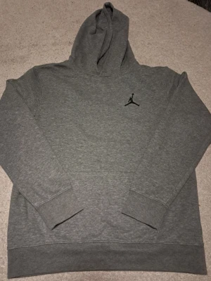 Grå Jordan Hoodie - En grå jordan hoodie (äkta). Storleken är 13-15 år och 163-175cm. Killen i bilden är 172cm. Är knappt använd och köptes typ ett år sedan.