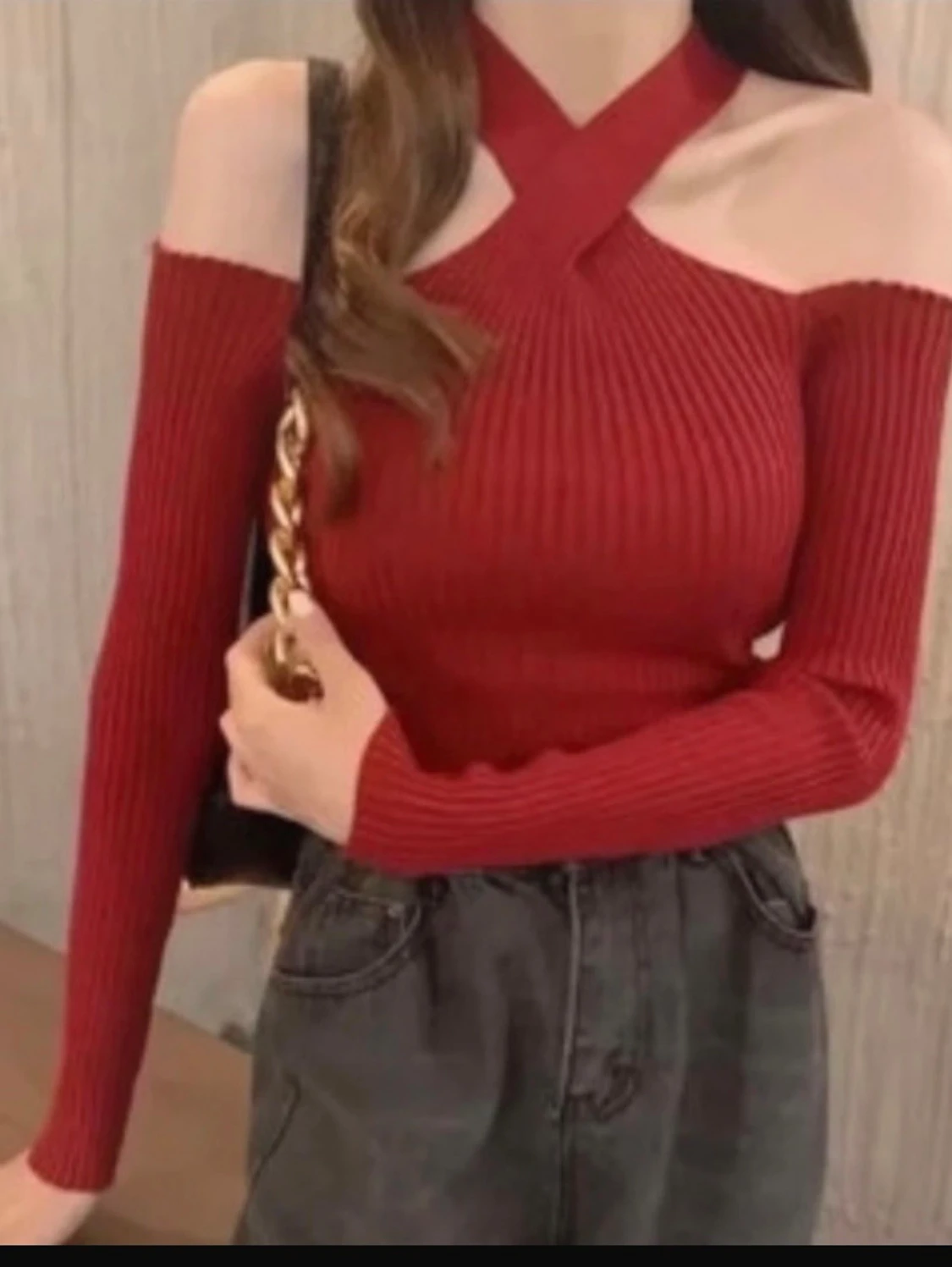 Röd Knitted ribbad öppna Axel topp  - 2