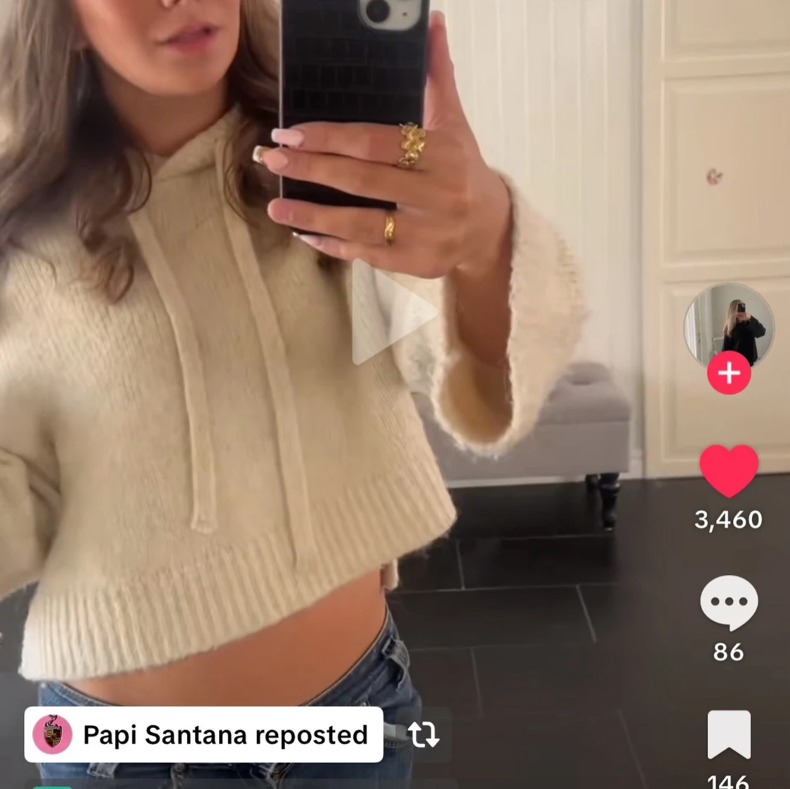 Beige croppad stickad hoodie