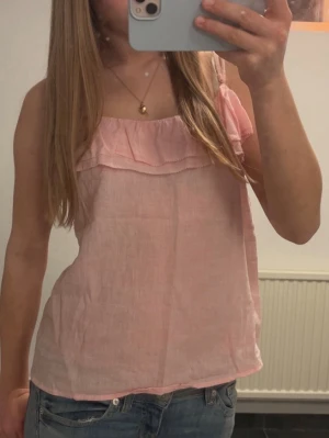 Ljusrosa  blus med volang - Söt ljusrosa blus med volang upptill och alldrig andvänd, passar nån i storlek 32-36. Pris går att diskuteras. 