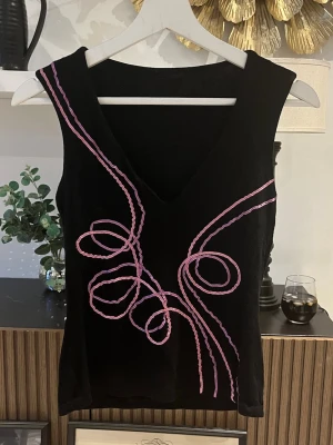 Svart ärmlös topp med rosa linjer - Svart ärmlös topp med djup v-ringning och dekorativa rosa linjer framtill. Toppens material har en mjuk och stretchig känsla och den har en slim passform. Perfekt för dig som gillar unika detaljer och stilren design. Står värken märke eller storlek med skulle säga S. Axelbredd: 34cm. Längd: 53cm. Byst: 37cm