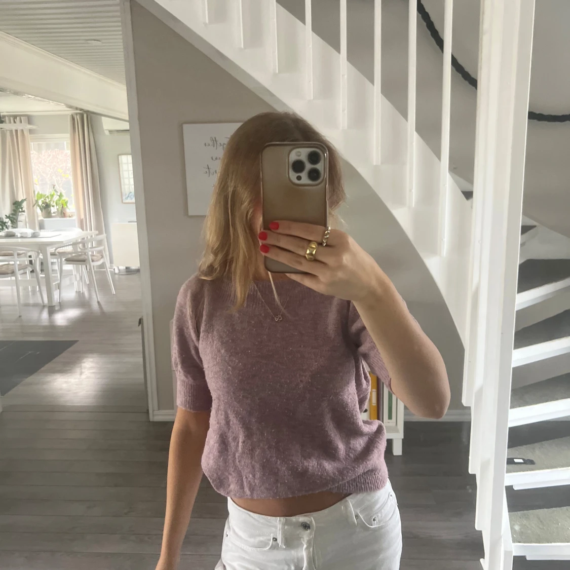 Lila/rosa kortärmad stickad tröja - 1