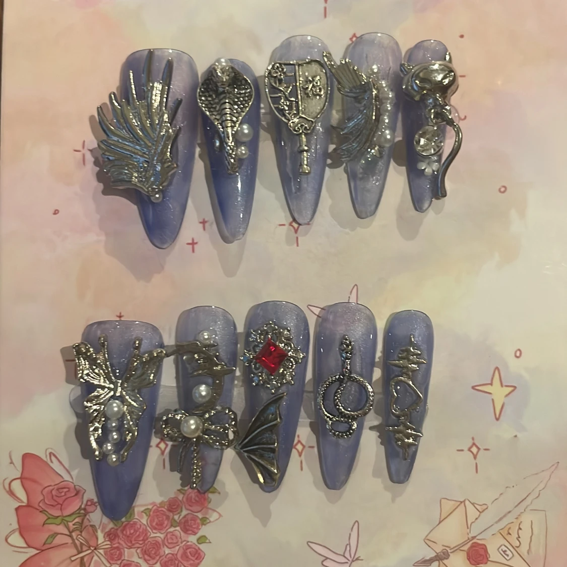 S - Lila/blå press-on naglar med 3D dekorationer - 1