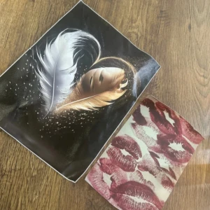 Två färgglada posters med tryck - Säljer två posters med unika tryck – en med fjädrar i vitt och guld på svart bakgrund, och en med vinröda läppavtryck på ljus botten. Perfekta för att ge ditt hem en cool och personlig touch. (Den stora 20x30cm och den lilla 20x30)