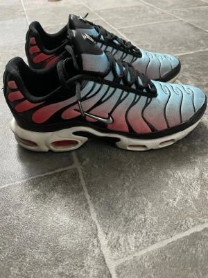 Nike Air Max sneakers blå/rosa - Nike Air Max sneakers med snygg gradient i blått och rosa, svarta detaljer och vit sula. Skorna har svarta snören, mesh-överdel och ikoniska vågiga linjer på ovandelen. Perfekta för dig som vill sticka ut med färg och stil.