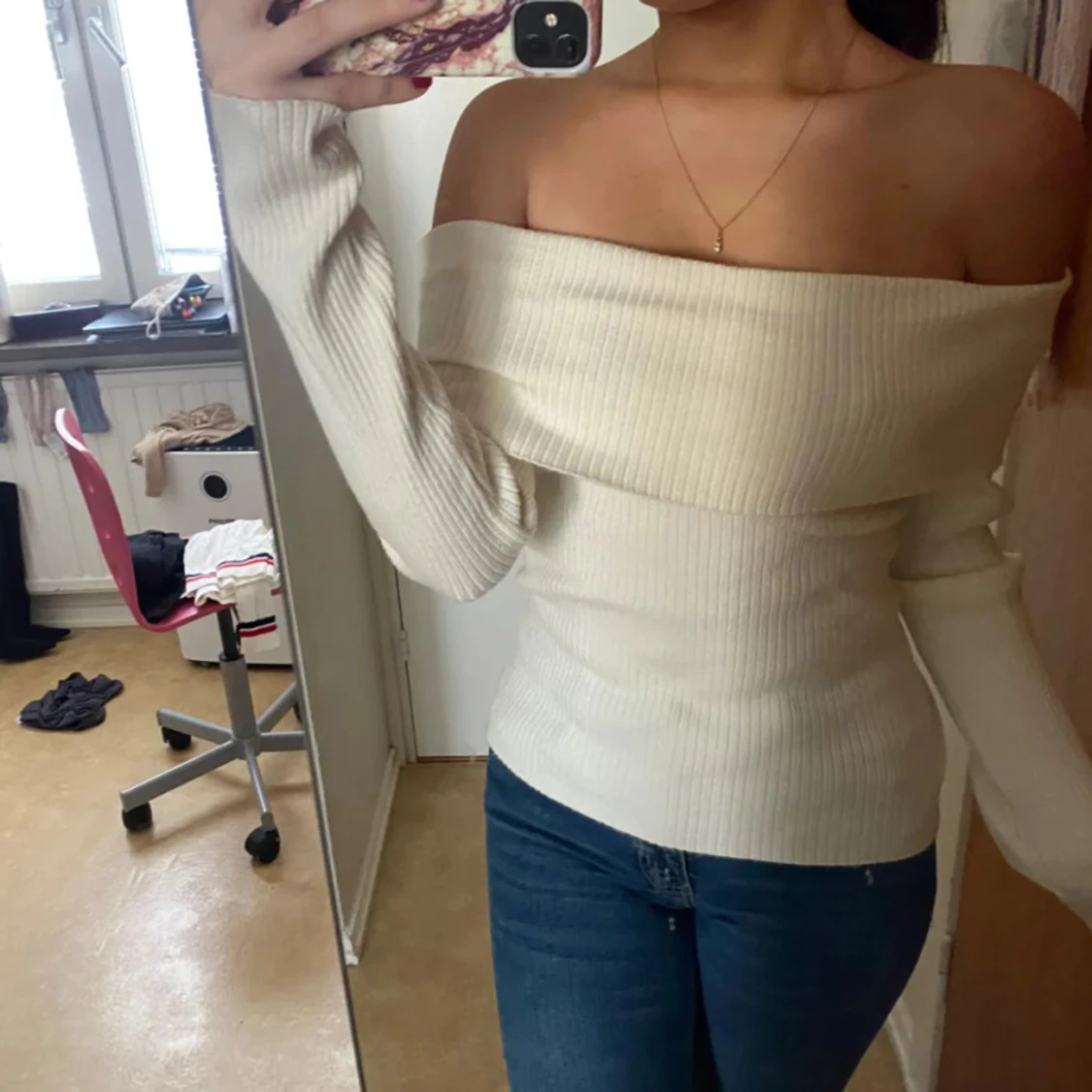 Offshoulder ribbad vit topp