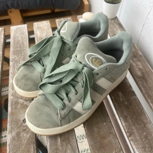 Adidas Campus i ljusgrön mocka - Säljer ett par Adidas Campus sneakers i snygg ljusgrön mocka med klassiska vita ränder och guldiga detaljer. Skorna har rund tå, platt sula och breda snören.