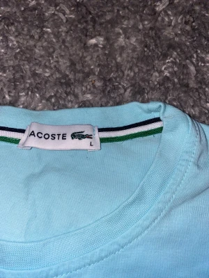 Ljusblå t-shirt från Lacoste, storlek L - Snygg ljusblå t-shirt från Lacoste i storlek L. Klassisk rund hals och korta ärmar, med den ikoniska krokodilloggan broderad på bröstet. Tillverkad i mjuk bomull som känns skön mot huden. Perfekt för dig som gillar stilrena och enkla plagg.