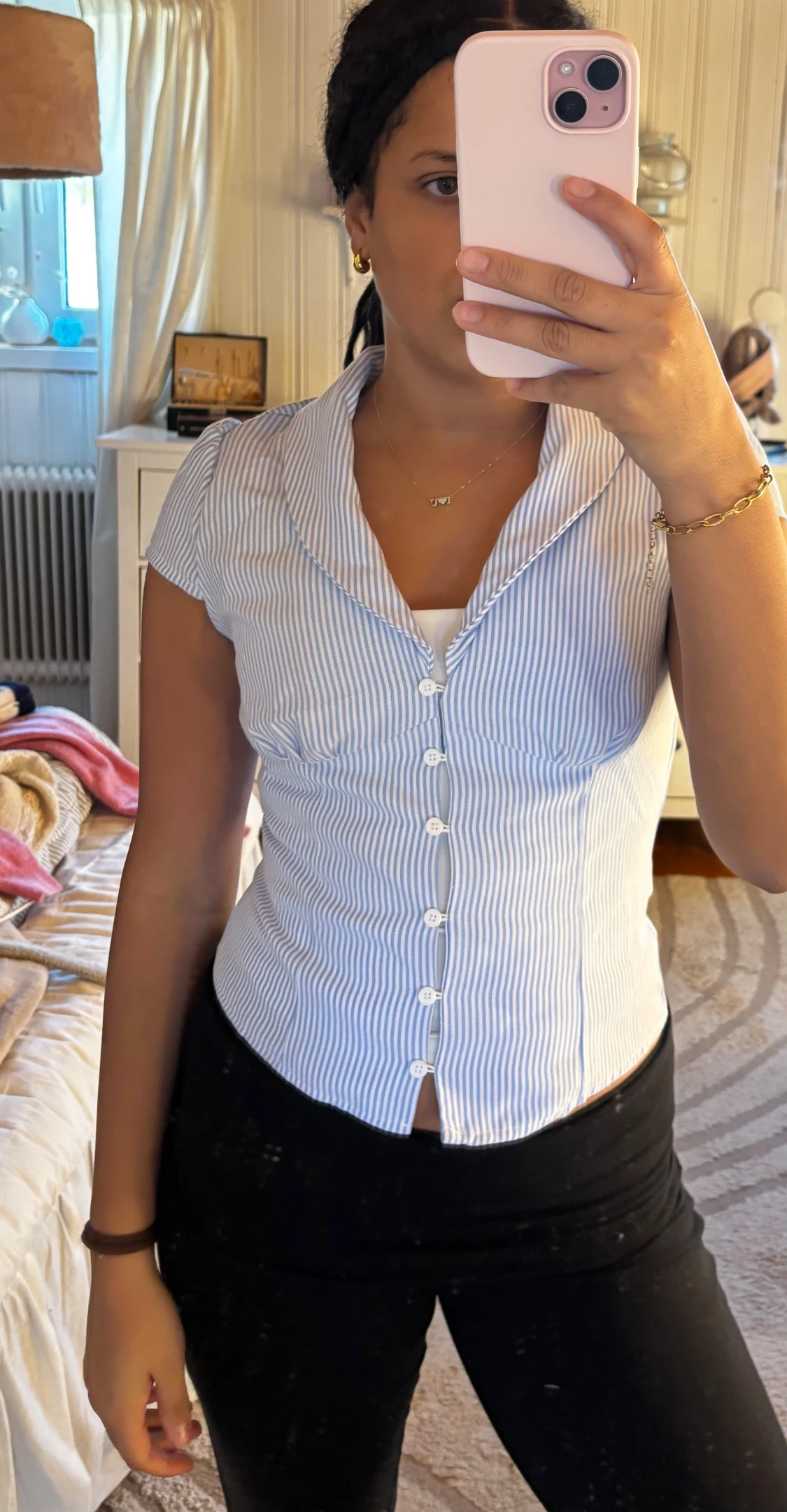 Blårandig kortärmad skjorta med knappar - 1