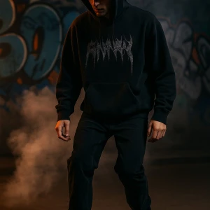 Sandy Goods Svart hoodie med grafiskt tryck - Svart hoodie med huva och snörning, samt ett fett grafiskt tryck i silver på bröstet. Tröjan har en stor magficka och långa ärmar. Perfekt för dig som gillar streetwear och vill sticka ut med en edgy look.