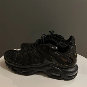 Nike Air Max Plus Tn helsvarta sneakers - Säljer ett par helsvarta Nike Air Max Plus Tn sneakers med ikonisk Tn-detalj på hälen. Skorna har mesh- och syntetöverdel, vågformade detaljer och synlig Air Max-dämpning i sulan. Perfekta för dig som gillar en clean och sportig look. Boxen har jag kvar här använt ganska lite 