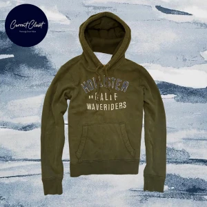 Olivgrön hoodie från Hollister - Olivgrön hoodie från Hollister med broderad text i blått och vitt framtill | Size M | Vintage och otroligt limiterad!