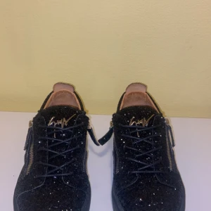 Svarta glittriga sneakers från Giuseppe Zanotti - Säljer ett par svarta sneakers från Giuseppe Zanotti med glittrig finish, silverfärgade dragkedjor på sidorna och snörning framtill. Skorna har rund tå och platt sula, samt den ikoniska loggan på plösen. Perfekta för dig som vill sticka ut med lite extra bling.