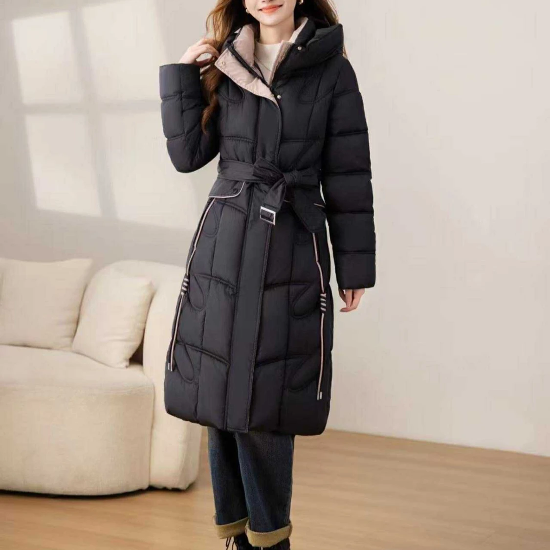 Svart lång pufferjacka med bälte - 2