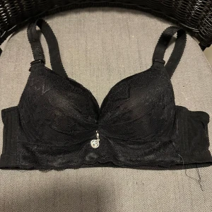 Svart spetsig bh med smycke - Säljer en svart bh med spetsdetaljer och justerbara axelband. Bhn har en liten silverfärgad hängande detalj framtill och stängs med hyskor i ryggen. Perfekt för dig som gillar en feminin och edgy stil.