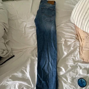Blå jeans från Jack & Jones, storlek 28/32 - Säljer ett par klassiska blå jeans från Jack & Jones i storlek 28/32. Jeansen har en snygg tvätt med lätt slitning, fem fickor och bruna detaljer på bakfickan. Modellen har normal passform och raka ben. Perfekta till sneakers och hoodie.
