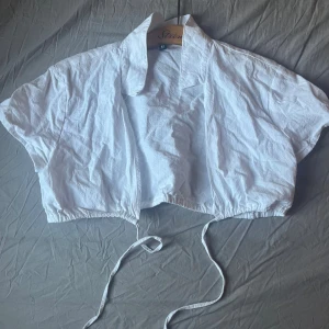 Vit croppad topp med krage - Säljer en vit croppad med klassisk krage och korta ärmar från H&M. Toppen har knytband i midjan för justerbar passform. 