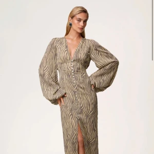 Zebramönstrad långklänning med knappar adoore - Säljer en helt ny adoore klänning i storlek 46 men adoore är små i storlek så ha det i åtanke. Beige och grå långklänning med zebramönster och v-ringning. Klänningen har långa, puffiga ärmar och knappar längs hela framsidan samt en slits nedtill. Perfekt för dig som gillar statement-plagg med coola detaljer från adoore. Köpte fel storlek så vill få denna såld. Nypris 1700