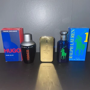 Parfymer - Hugo Boss Dark Blue ca 70ml 250kr.                              1 Million 50ml flaska, ca 1/2 flaskan kvar 300kr. Ralph Lauren Polo Blue 50ml, ca 30ml kvar 150kr.