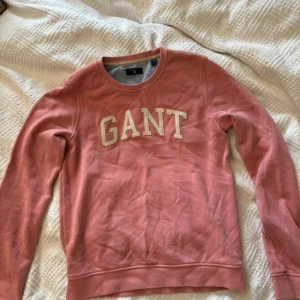 Rosa sweatshirt från GANT XS - Säljer en snygg rosa sweatshirt från GANT i storlek XS. Tröjan har stora vita bokstäver framtill och är gjord i mjuk bomullsmix med rund hals och långa ärmar. Perfekt för en chill och stilren look.