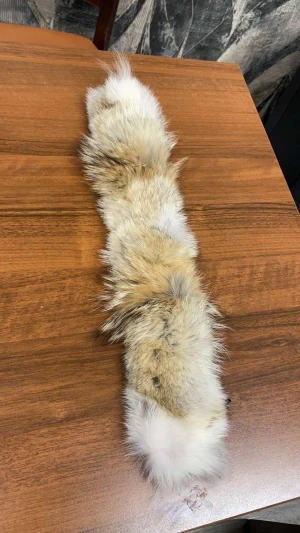 Canada goose Päls - Säljer en fluffig pälsmössa i beige och vit ton med naturliga färgskiftningar. Mössan har en långsmal form och är fodrad med mörkt tyg på insidan samt dragkedja för enkel användning. Perfekt för dig som vill sticka ut med en unik accessoar.