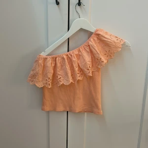 Persikofärgad offshoulder topp från Zara - Superfin persikofärgad offshoulder topp från Zara med bred volangkant och broderade blommor. Toppen är ärmlös och har en luftig, croppad passform som ger en chill vibe. Perfekt för varma dagar och sommarhäng med vänner!