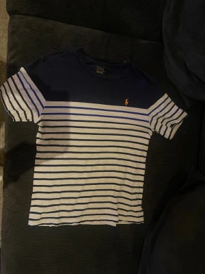 Randig t-shirt från Polo Ralph Lauren - Snygg t-shirt från Polo Ralph Lauren med marinblå ovandel och vita samt blå horisontella ränder. Klassisk kortärmad modell med rund hals och broderad logga i gult på bröstet. Tillverkad i mjuk bomull för en skön känsla.
