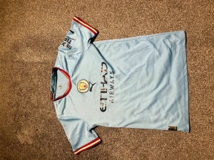 Man city t-shirt  - Bilderna visar en Manchester City fotbollströja från Puma i ljusblått med röda och vita detaljer, samt klubbmärke och sponsortryck. Ingen sko finns på bilderna.