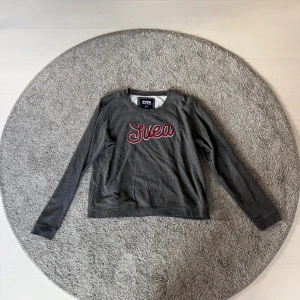 Mörkgrå tröja med Svea-tryck - Snygg mörkgrå tröja från Svea med stort rött och vitt broderat Svea-tryck på bröstet. Tröjan har rund hals och långa ärmar, perfekt för dig som gillar enkel och stilren design med en sportig touch.