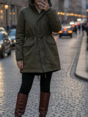 Olivgrön parkasjacka med snörning - Säljer en olivgrön parkasjacka med huva och snörning i midjan för en snygg siluett. Jackan har stora fickor framtill och stängs med dragkedja och knappar. Perfekt för kyliga dagar och enkel att styla till olika outfits.