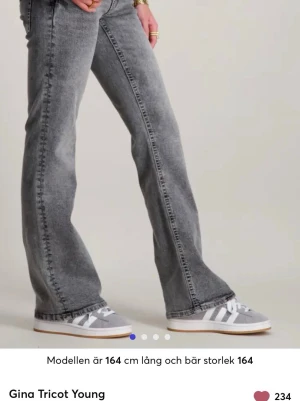 Grå bootcut jeans Gina Tricot Young - Säljer ett par gråa Gina Tricot jeans med utsvängda ben och klassisk femficksdesign. Jeansen är låg midjade. Passformen är low waist boot cut och färgen är en snygg tvättad grå som passar till det mesta. Jeansen är från Gina Young. De är andvända ett fåtal gånger och inga skador. 