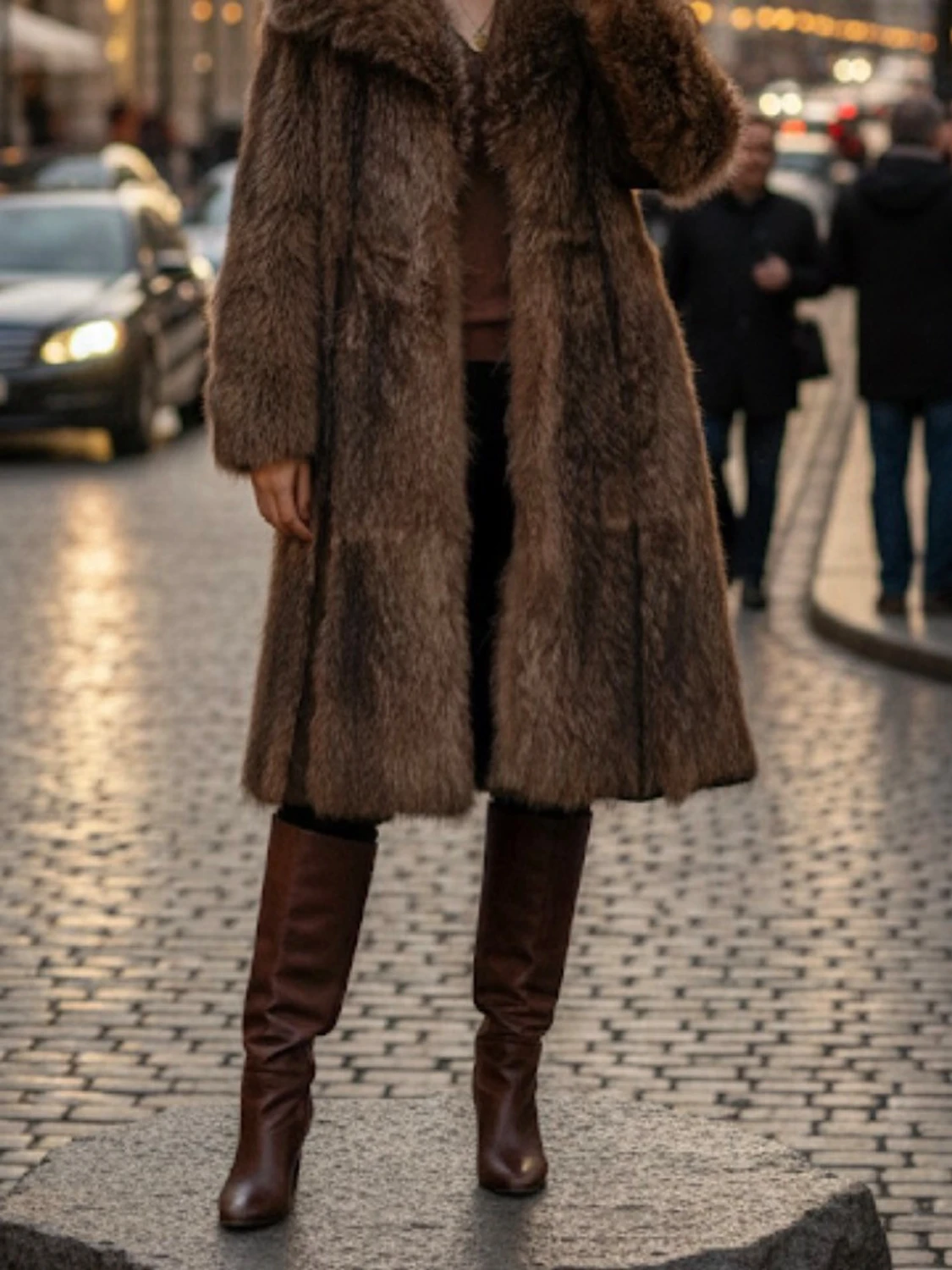 Lång brun pälsjacka med bred krage