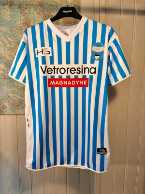 S.P.A.L. 2016/17 HS hemmatröja, storlek L - 2016/17 serie B champions! Mycket gott skick.  Fotbollströja med blå och vita ränder. Tröjan har flera sponsorer tryckta på framsidan, inklusive ”Vetoresina” och ”Magnadyne”. Klubbmärket S.P.A.L. finns på bröstet. På baksidan står det ”ErreEffe Group” och ”BMW”. En liten italiensk flagga är fastsydd på sidan.  #seriea #serieb #italy