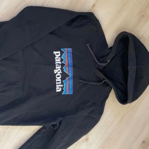 Svart Patagonia hoodie med tryck - Svart hoodie från Patagonia med klassiskt logotryck i blått, lila och orange på bröstet. Tröjan har huva med snörning och känguruficka framtill. Tillverkad i mjuk bomullsmix, perfekt för chill dagar eller när du vill ha en avslappnad stil.