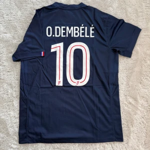 PSG Dembele matchtröja blå Nike - Snygg PSG fotbollströja med O. Dembélé och nummer 10 på ryggen. Djupblå färg med röd och vit detalj på ärmen, PSG-emblem och Qatar Airways-tryck på bröstet. Tillverkad i lätt och ventilerande funktionsmaterial, perfekt för match eller träning.