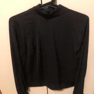 Svart långärmad blus med öppen rygg - Snygg svart blus med lång ärm och hög hals. Baksidan har en djup v-ringning och en knytning i nacken som ger en cool detalj. Perfekt för dig som gillar stilrena plagg med en twist.