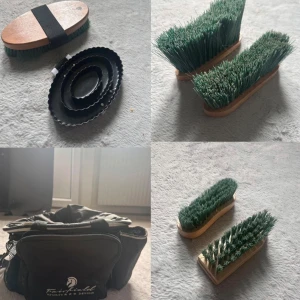 Svart ryktväska från Fairfield+ massa tillbehör - Ryktväska med massa borstar och annat. Skriva om ni vill ha ngt styckvis. Flugspayen är inte använd och pälsglanset är det bara hälften kvar i borstarna är noggranna tvättade .