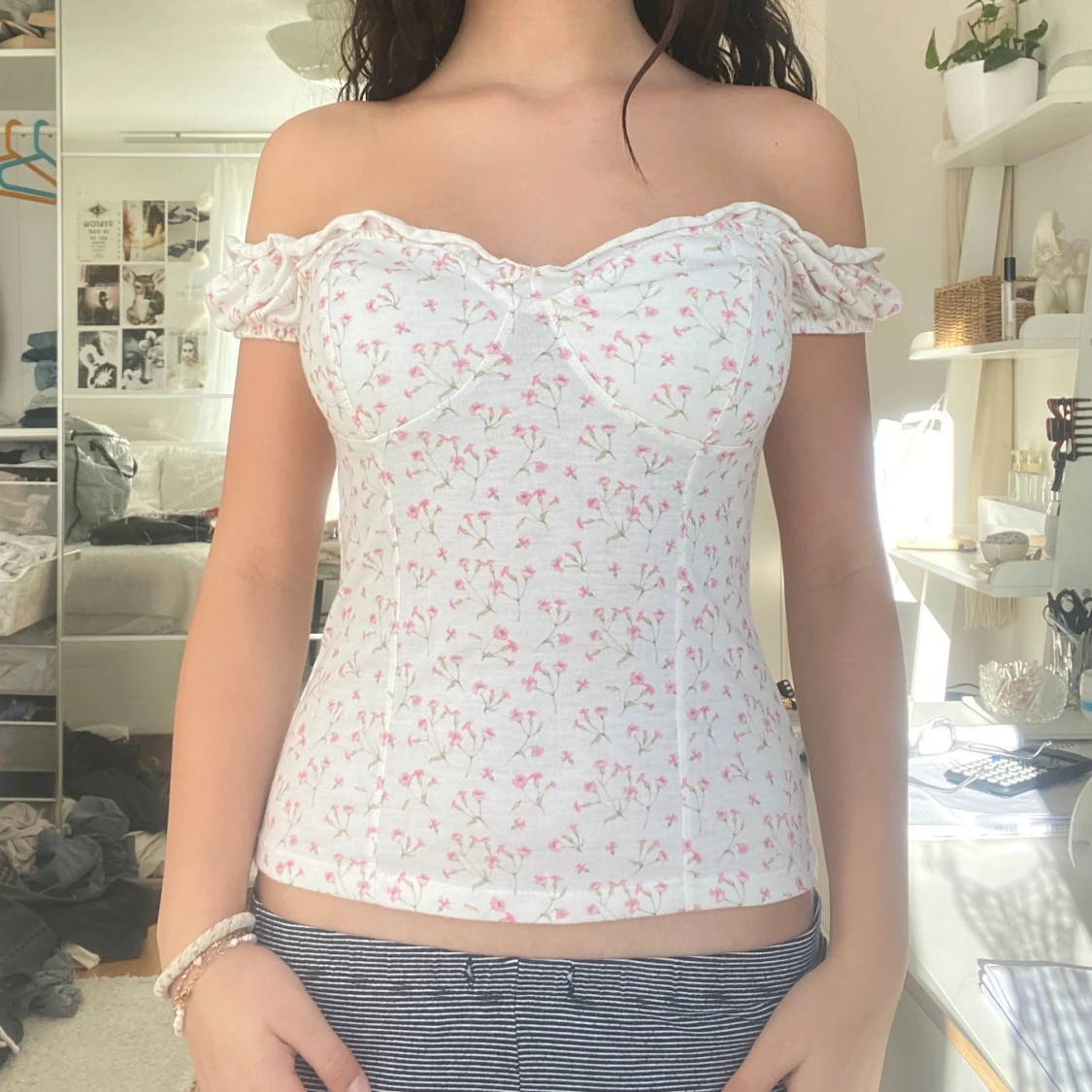 Vit blommig offshoulder korsett-topp - 1