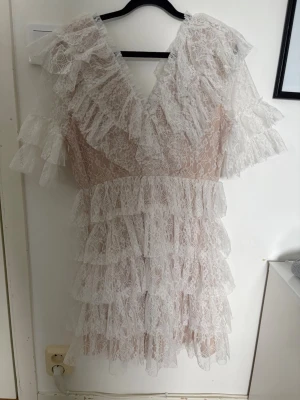 Vit spetsklänning från By Malina - Supersöt kortklänning från By Malina i vit spets med volanger och v-ringning. Klänningen har flera lager spets, korta ärmar och omlottkänsla upptill. Perfekt för sommarens alla tillfällen och ger en romantisk vibe. Också perfekt studentklänning med sin eleganta men lösa fit. Använd 2-3ggr