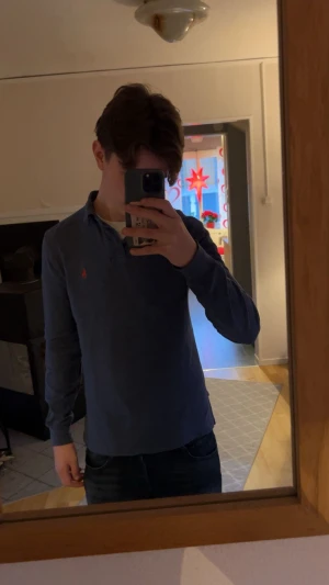 Blå långärmad tröja från Polo Ralph Lauren - Säljer en blå långärmad henley från Polo Ralph Lauren i custom fit. Skjortan har klassisk krage, knappar vid halsen och den ikoniska röda broderade loggan på bröstet. Tillverkad i mjuk bomull, perfekt för en clean och stilren look.